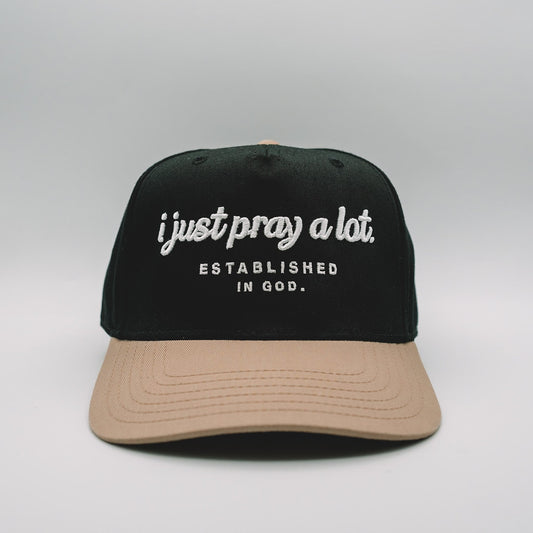 Pray A Lot. Signature Snapback // Black & Tan Hats Established In God 