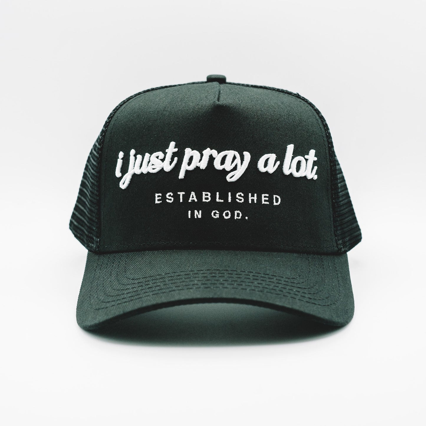 Pray A Lot. Signature Trucker // Black & White Hats Established In God 