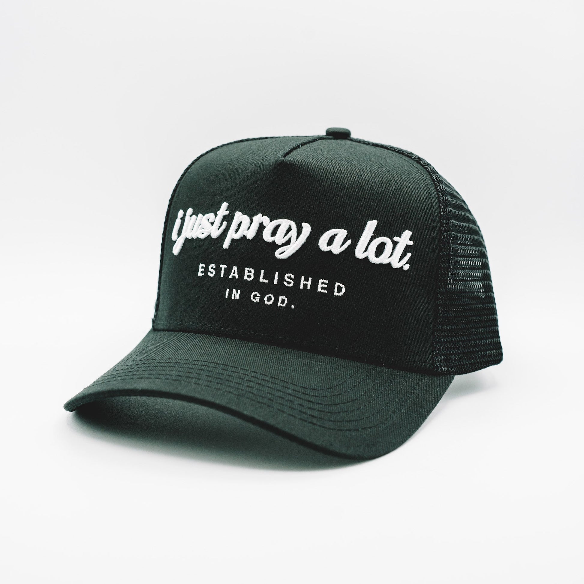 Pray A Lot. Signature Trucker // Black & White Hats Established In God 