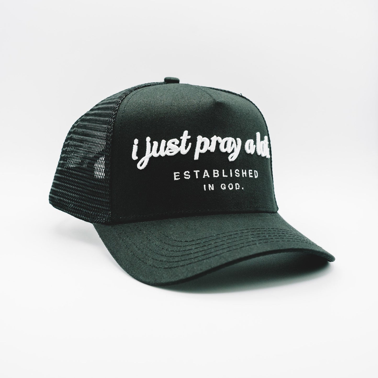 Pray A Lot. Signature Trucker // Black & White Hats Established In God 