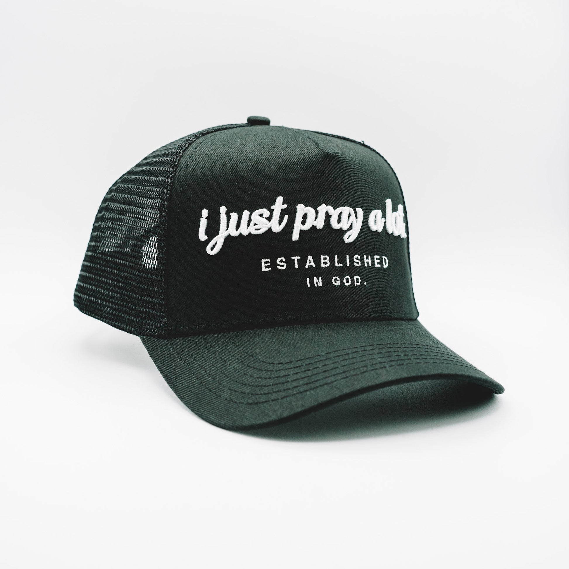 Pray A Lot. Signature Trucker // Black & White Hats Established In God 