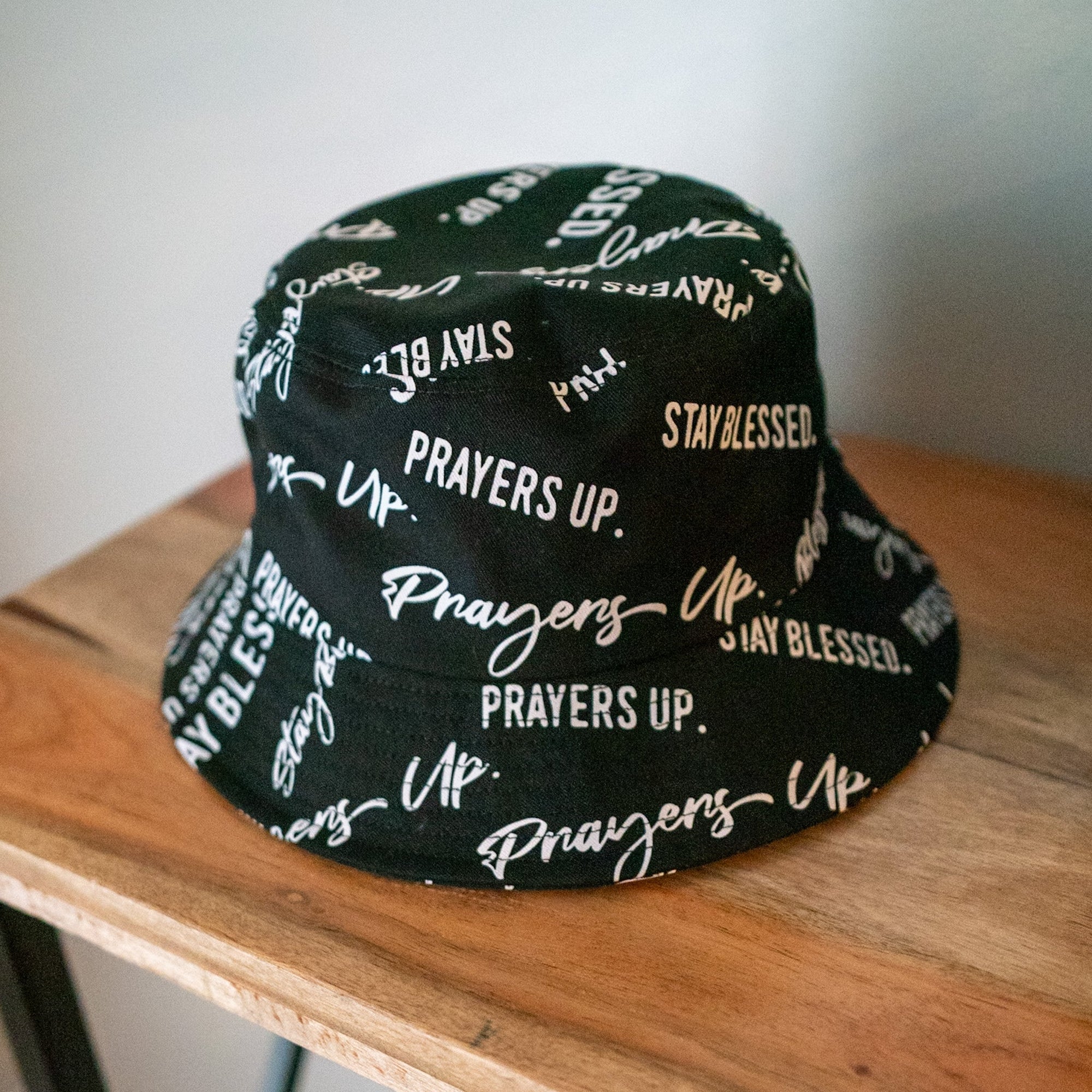 Stay Blessed. All Over Bucket Hat // Black Hats Established In God
